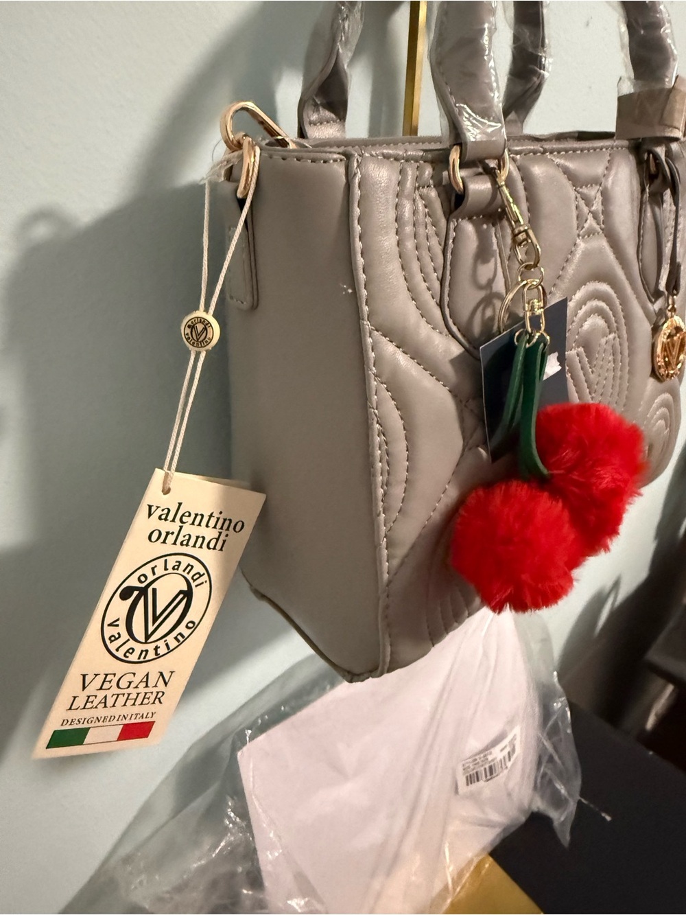 Valentino Orlandi light grey Quilted Satchel with FREE Red Pom Cherry Charm! NWT - Picture 6 of 11